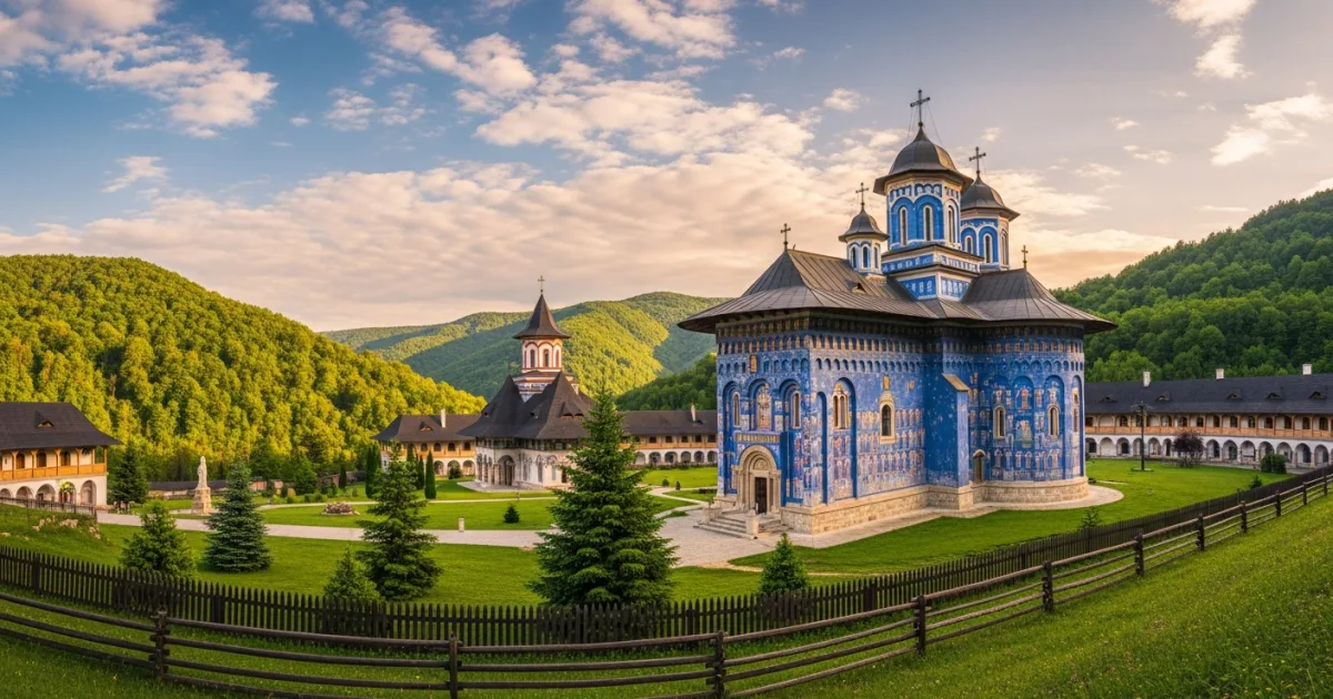 Panoramic view of Voroneț Monastery in Moldavia, Romania