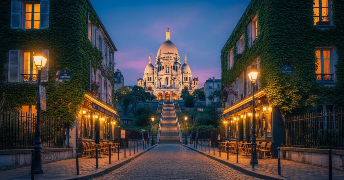 Travel Guides 6 Cobblestone streets of Montmartre leading to the Sacré-Cœur Basilica at twilight