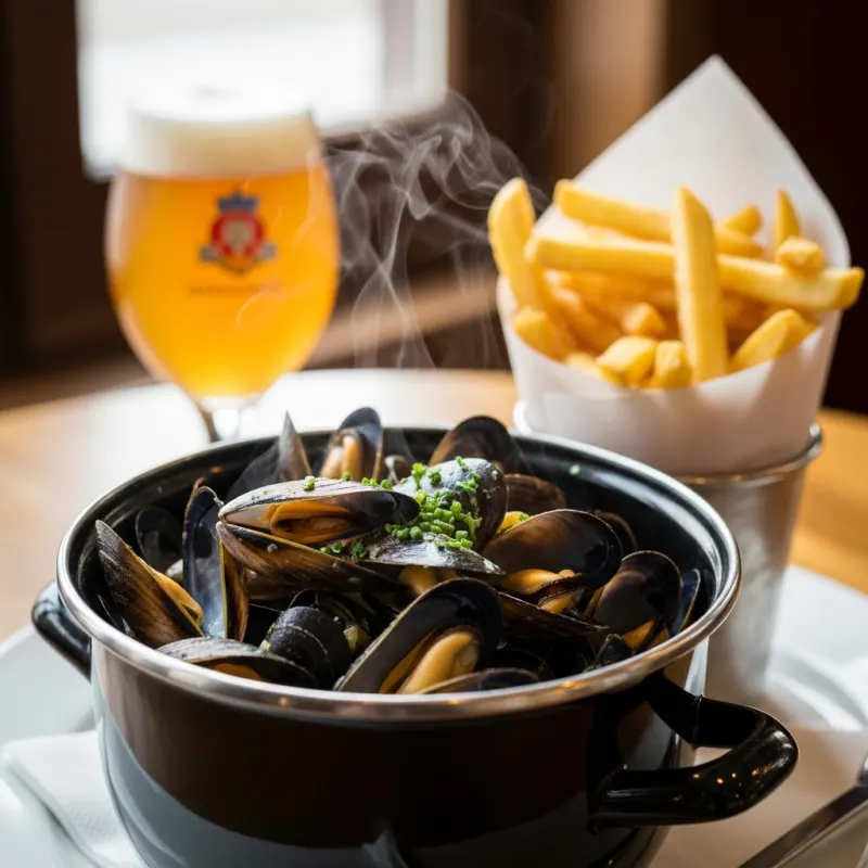 A steaming pot of Moules-Frites with a glass of Belgian beer