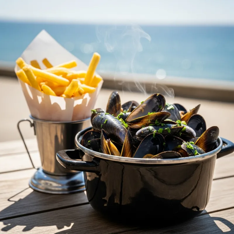 A pot of steaming mussels served with French fries at a seaside cafe