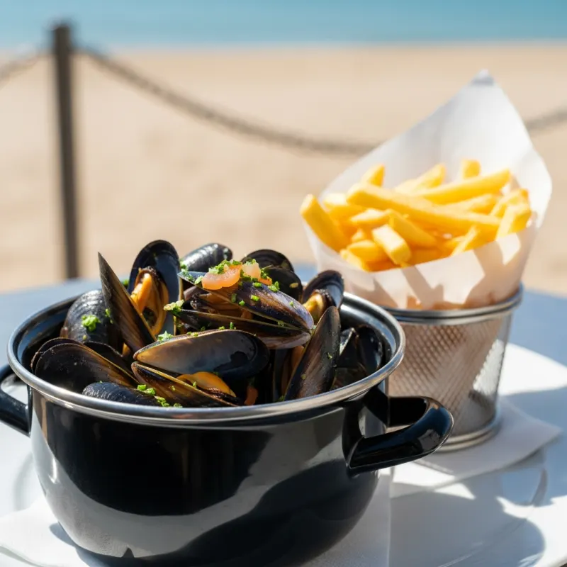 A steaming pot of mussels served with crispy French fries at a seaside cafe