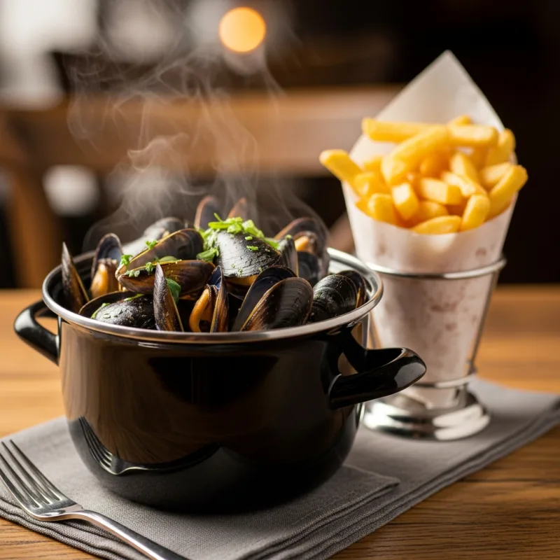 A traditional pot of Belgian Moules-Frites with a side of mayonnaise
