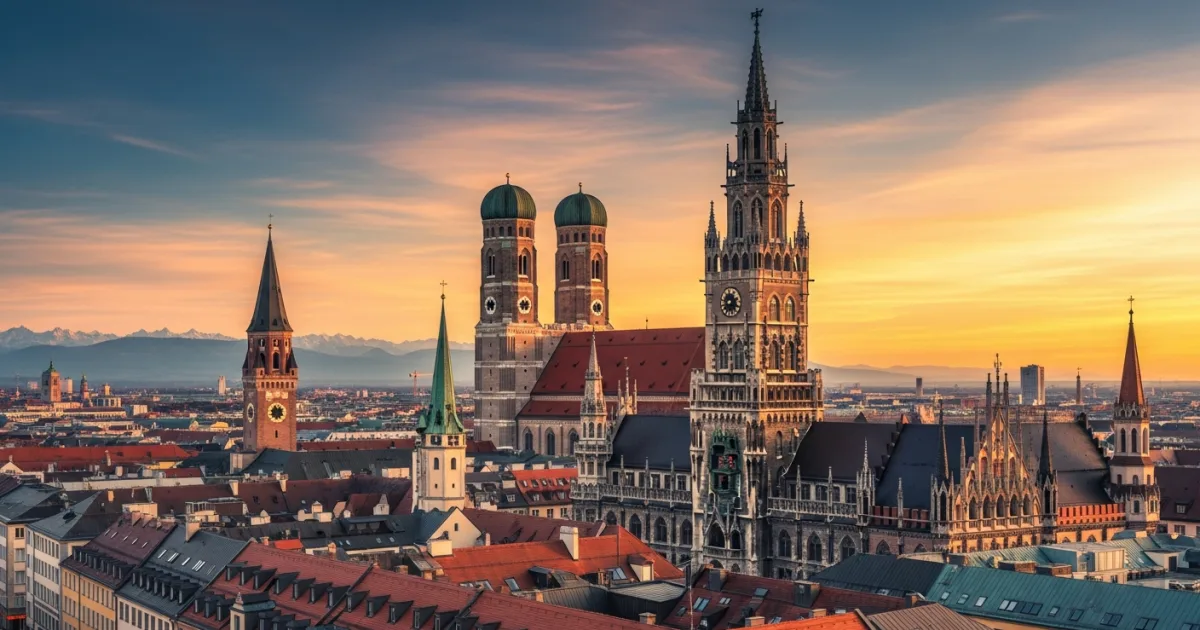 Panoramic view of Munich skyline at sunset featuring the Frauenkirche and Neues Rathaus