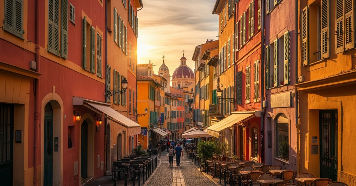 Narrow cobblestone street in Nice Vieille Ville with colorful pastel buildings