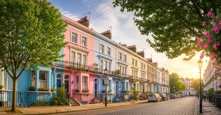 Notting Hill 4 Pastel-colored Victorian townhouses lining a picturesque street in Notting Hill, London.