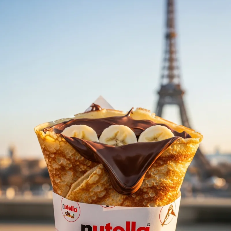 A warm Nutella and banana crêpe held in front of the Eiffel Tower