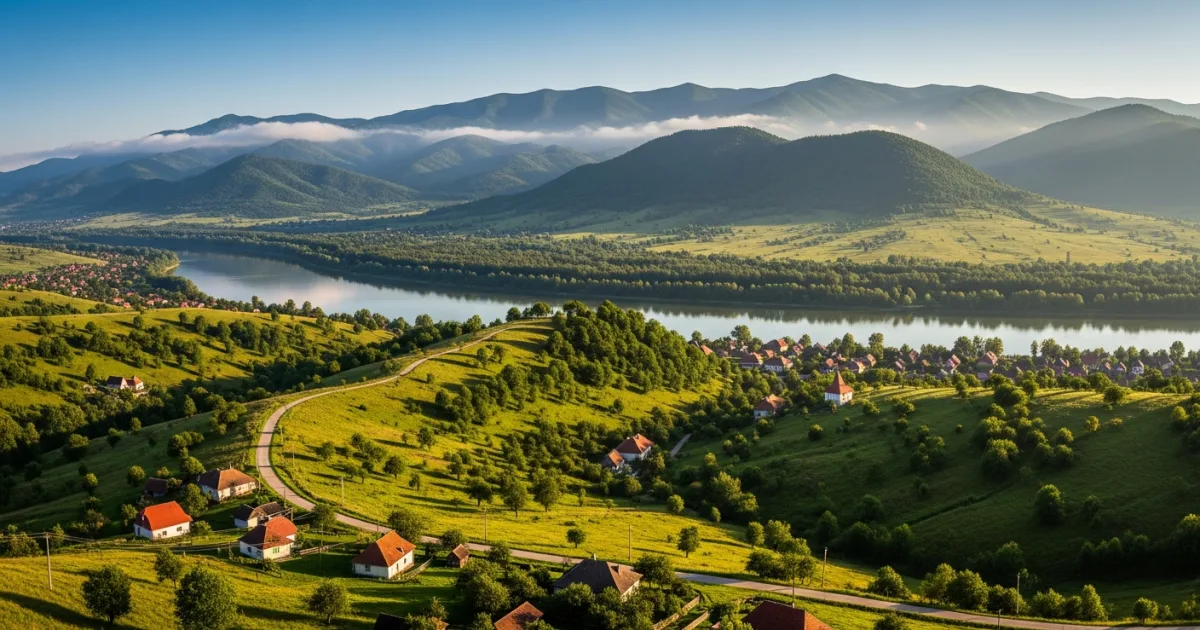 Panoramic view of Oltenia region with rolling hills, river, and Carpathian Mountains
