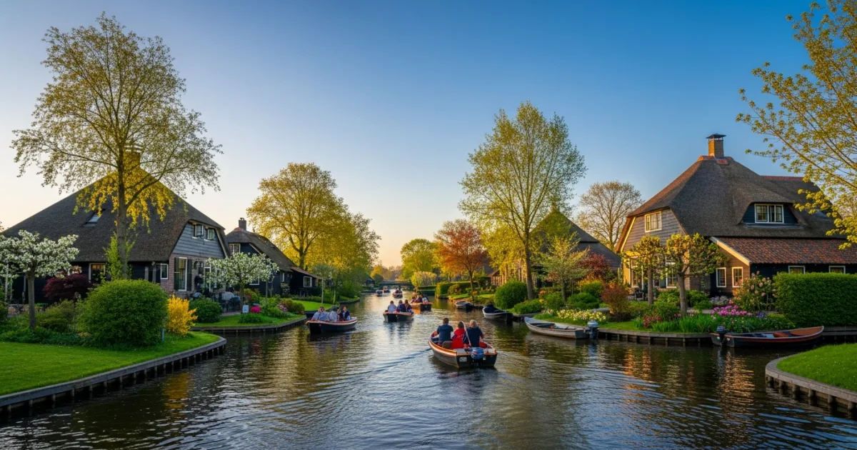 Picturesque canals and thatched-roof houses in Giethoorn, Overijssel, Netherlands