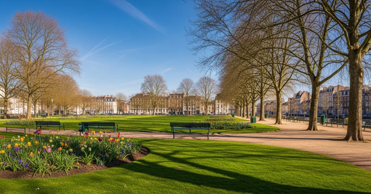A sunny day at Parc de la Marine in Dunkirk, showing green lawns and walking paths