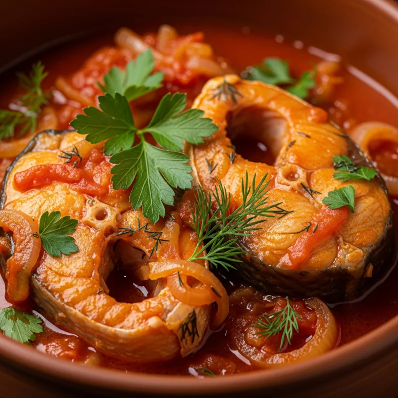 Traditional Romanian Plachie de Pește (fish stew) in a ceramic bowl