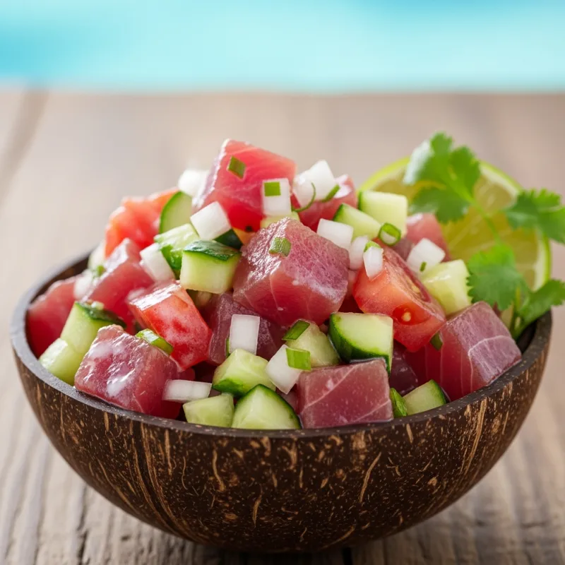 Poisson Cru, a traditional Tahitian raw fish salad with coconut milk and lime