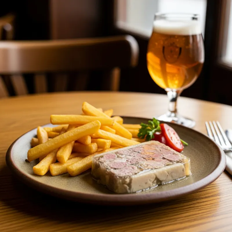 A plate of traditional Potjevleesch served with French fries and a glass of beer