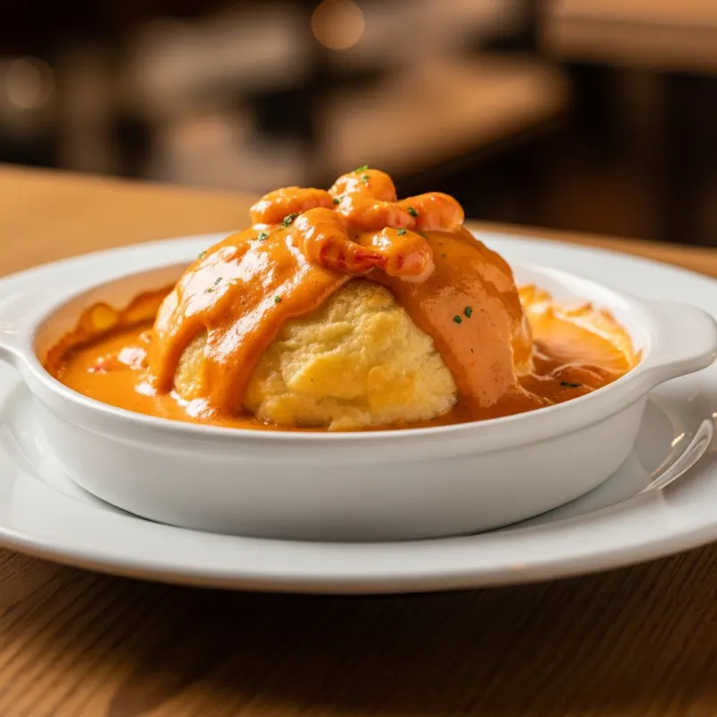 Quenelle de Brochet covered in creamy orange Nantua sauce