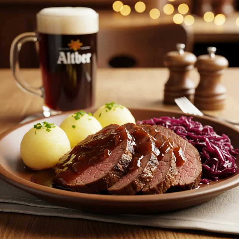 Rheinischer Sauerbraten with potato dumplings and red cabbage