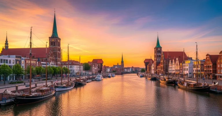 Rostock 5 Panoramic view of Rostock city harbor with traditional ships and brick Gothic architecture at sunset