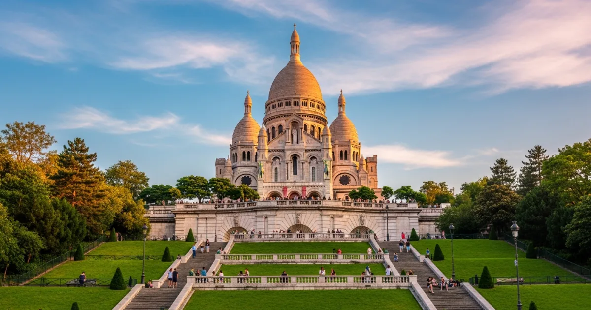 Travel Guides 4 Sacré-Cœur basilica in Paris glowing at sunset with visitors on the grassy slopes