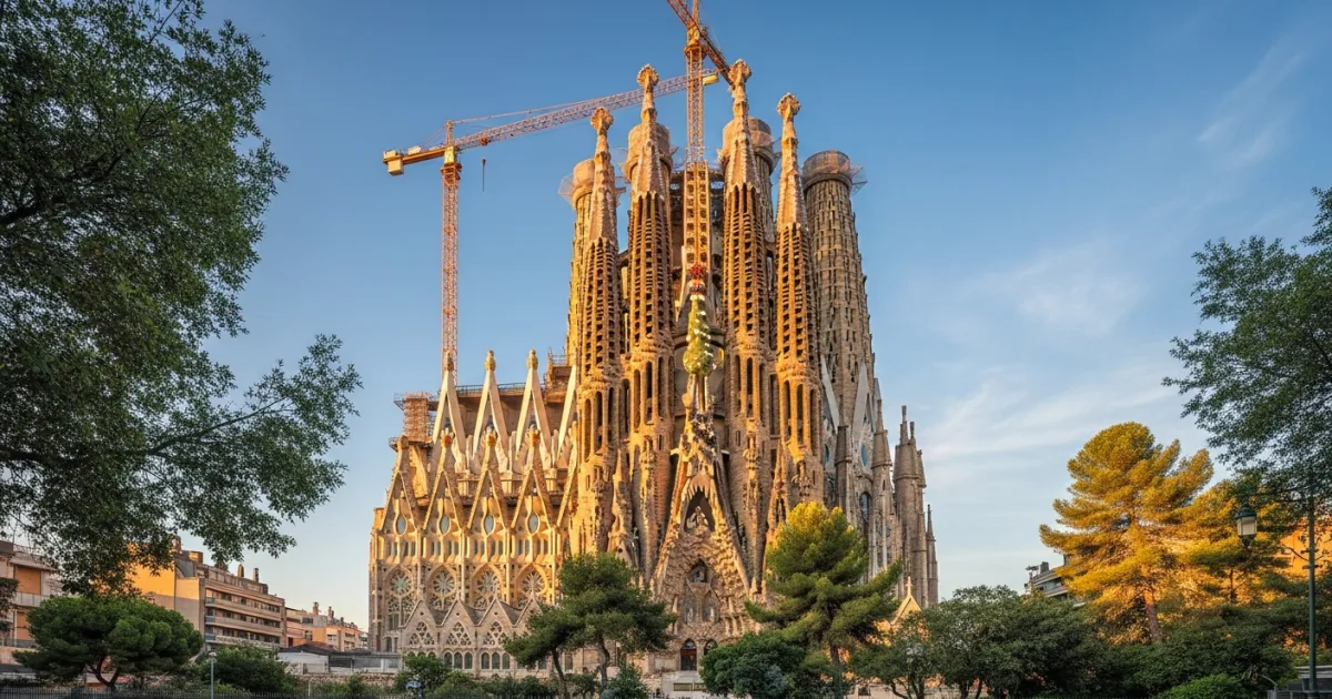 Exterior view of the Sagrada Família basilica in Barcelona during golden hour.