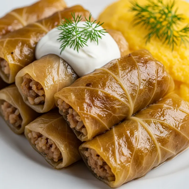 Traditional Romanian Sarmale (cabbage rolls) with sour cream and polenta