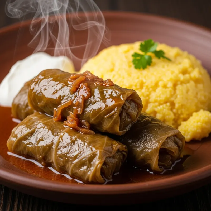 Traditional Romanian Sarmale cu Mămăliguță (cabbage rolls with polenta)