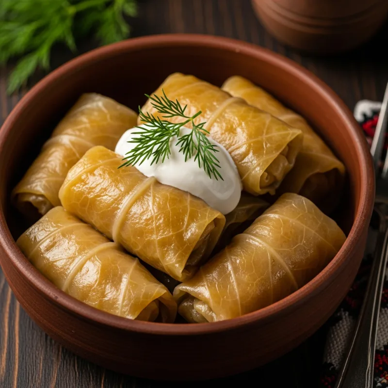 Traditional Romanian Sarmale (cabbage rolls) with sour cream and dill