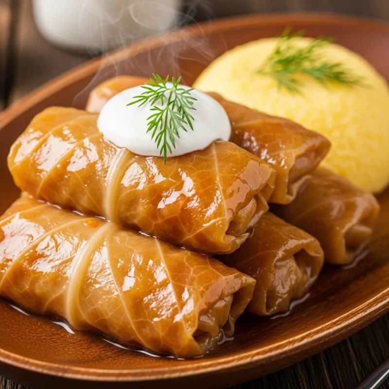 Traditional Romanian Sarmale with polenta and sour cream