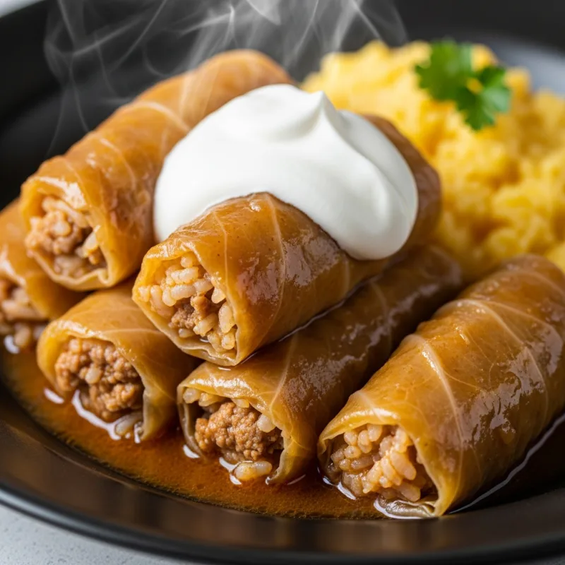 Traditional Romanian Sarmale (cabbage rolls) with sour cream and polenta