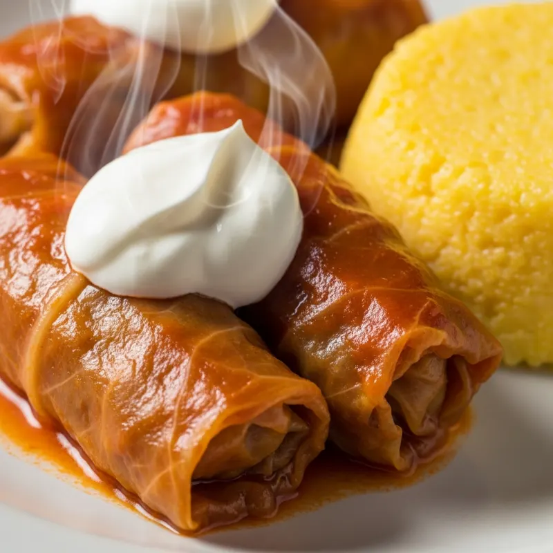 Plate of Sarmale Oltenești with polenta and sour cream