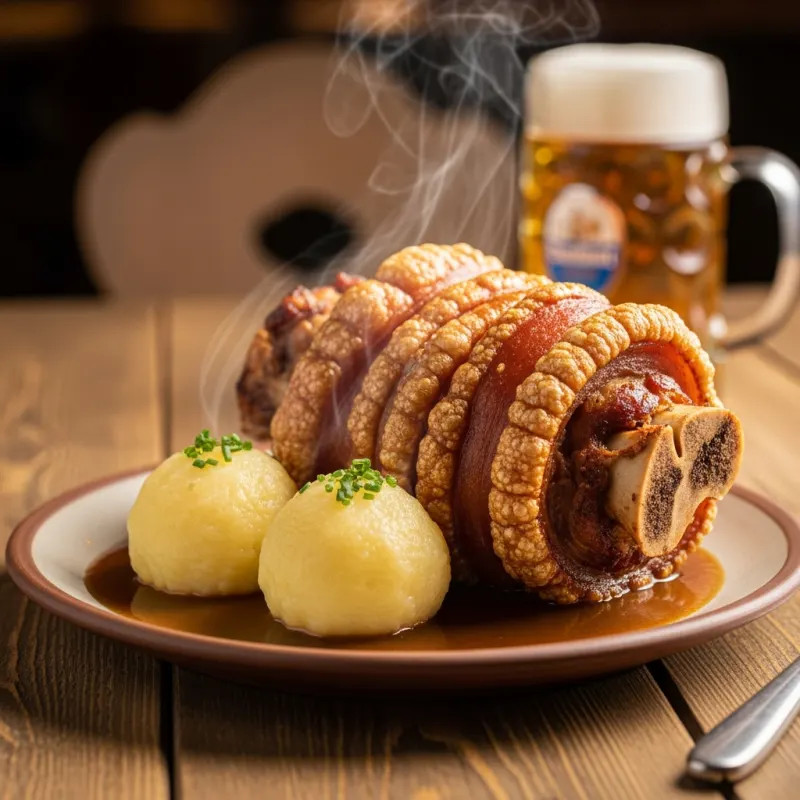 Traditional Bavarian Schweinshaxe with potato dumplings and gravy