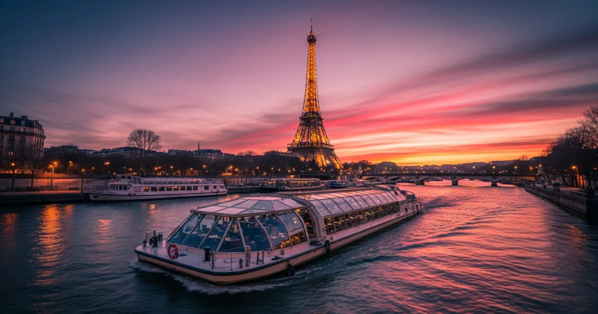 Travel Guides 8 A sightseeing boat on the Seine River at sunset with the Eiffel Tower in the background