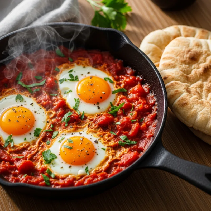 Traditional Israeli Shakshuka in a cast-iron skillet with pita bread