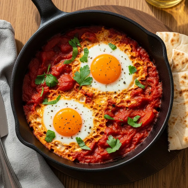 A cast-iron skillet filled with Shakshuka, featuring poached eggs in a red tomato sauce, served with pita bread.