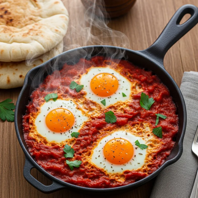 A cast-iron skillet filled with Shakshuka, featuring poached eggs in a red tomato sauce, served with pita bread.