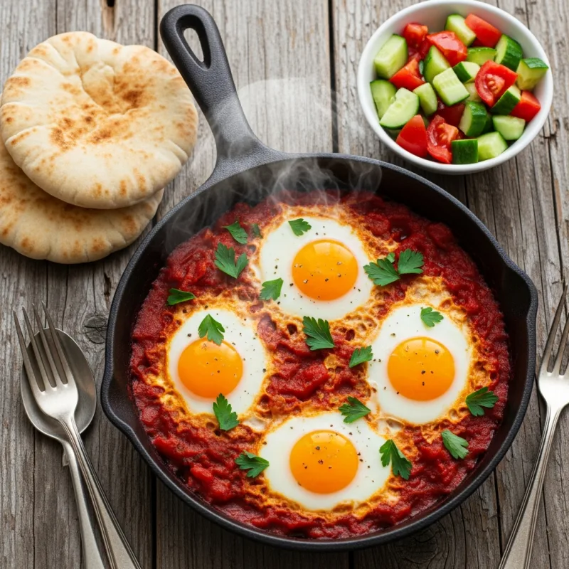 A cast-iron skillet filled with Shakshuka, featuring poached eggs in a red tomato sauce, served with pita bread.