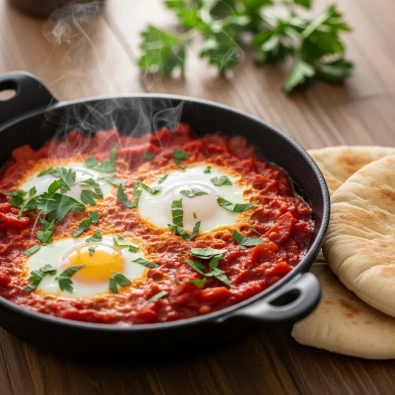 Traditional Israeli Shakshuka in a cast-iron skillet with pita bread