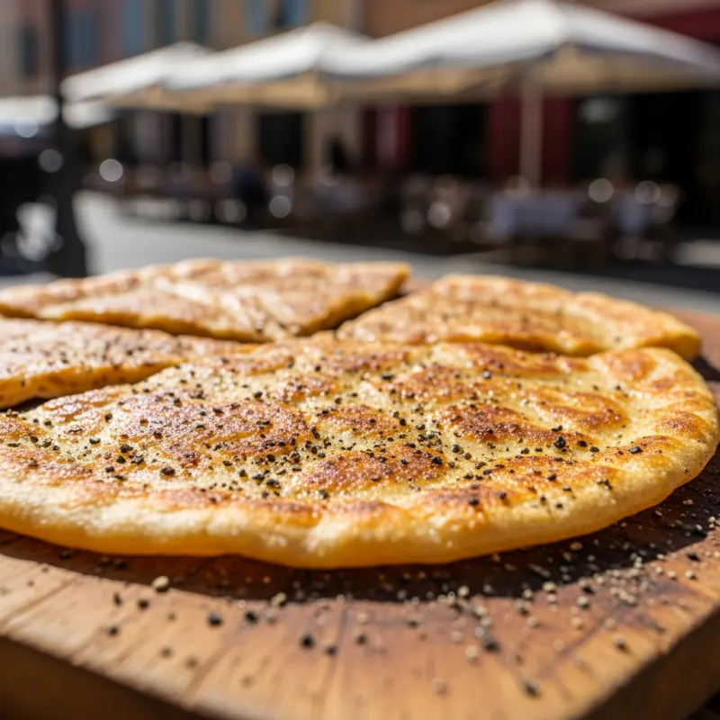 Authentic Niçois Socca chickpea pancake on a wooden board