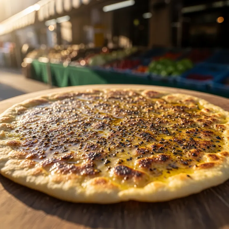 Freshly baked Socca on a wooden board at a French market
