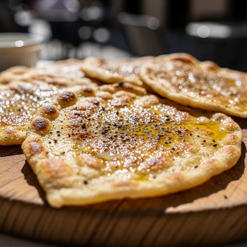Freshly baked Socca dusted with black pepper on a wooden board