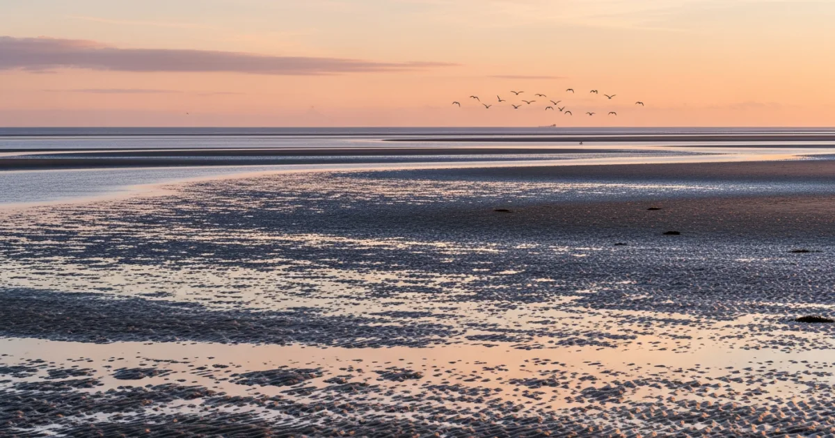 Sunset over the vast sandy expanses of the Baie de Somme