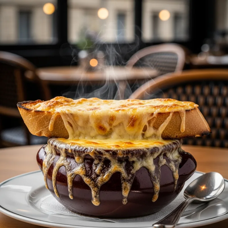 Traditional French Onion Soup in a ceramic crock topped with melted cheese