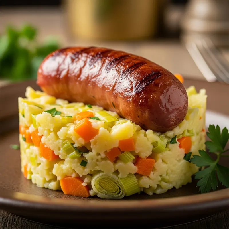 Traditional Belgian Stoemp with sausage