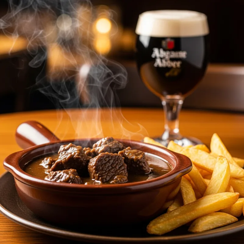 A bowl of traditional Belgian Stoofvlees with crispy fries and a glass of beer