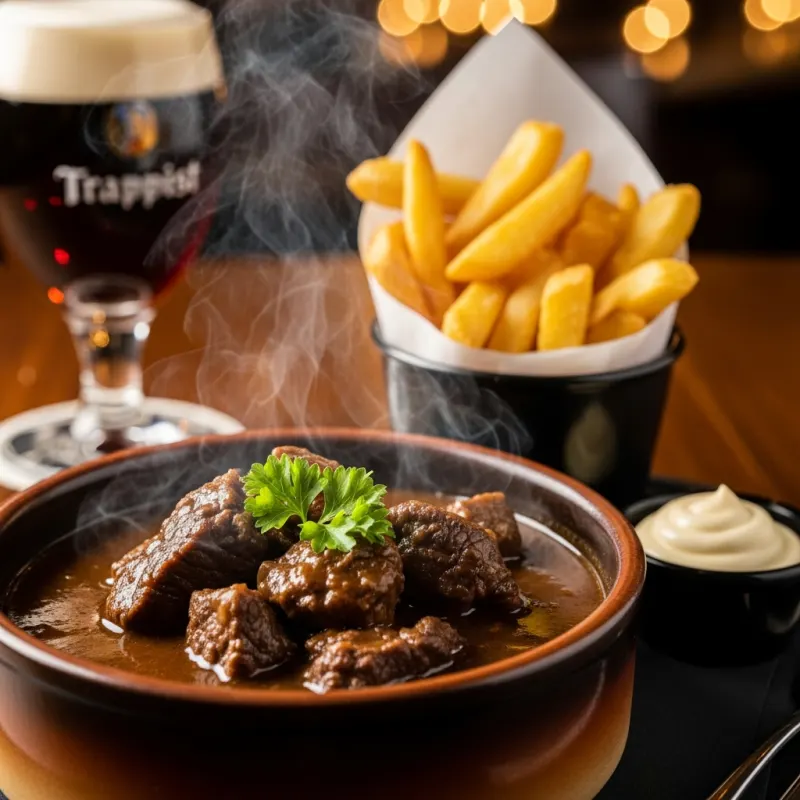 A bowl of traditional Stoofvlees (Flemish beef stew) served with Belgian frites and mayonnaise