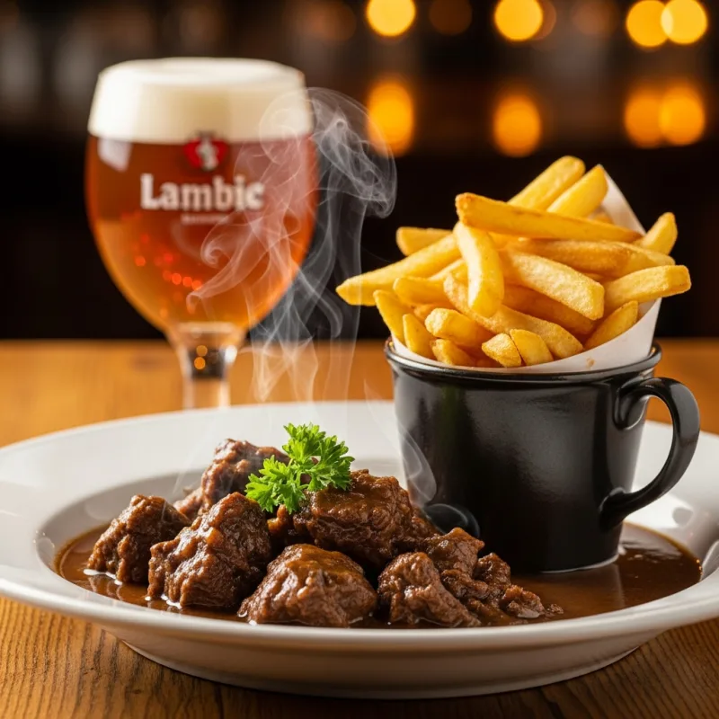 A bowl of traditional Flemish beef stew served with Belgian fries and a glass of beer