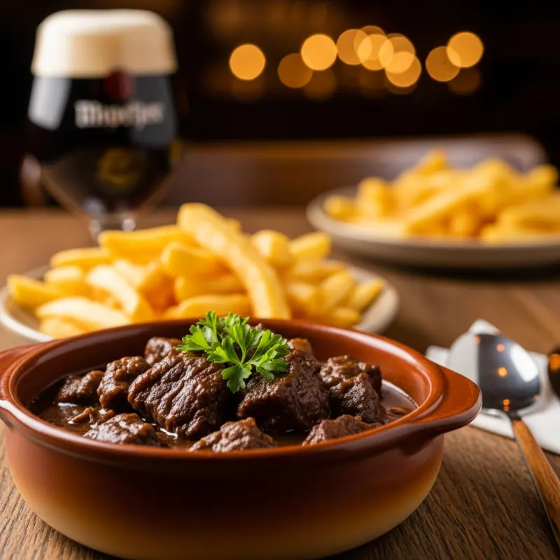 Traditional Belgian Stoofvlees beef stew with crispy fries