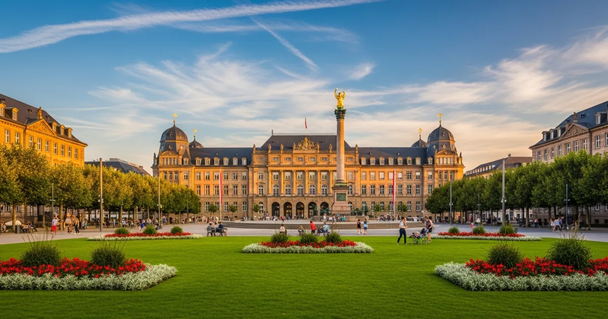 Schlossplatz and Neues Schloss in Stuttgart during golden hour