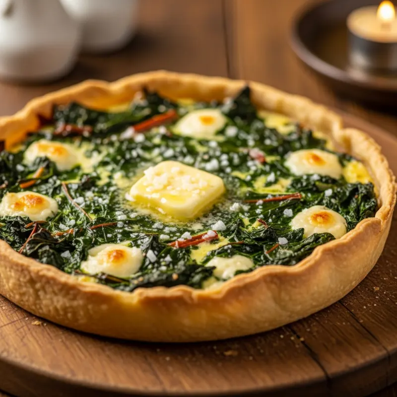 A hot Tarte al D'jote served on a wooden board with melting butter