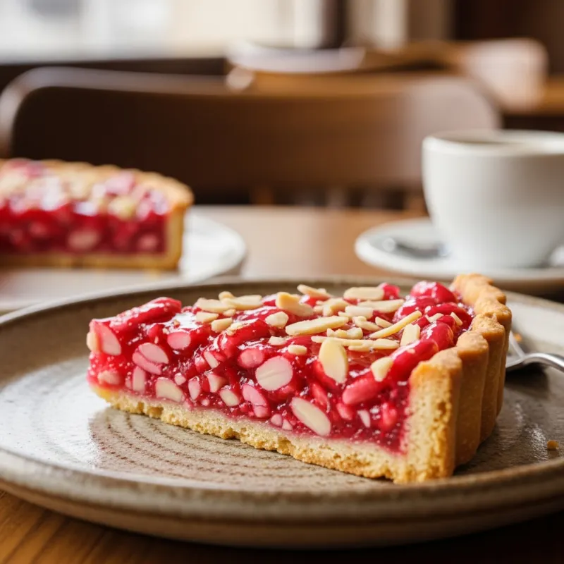A slice of bright pink Tarte à la Praline on a plate
