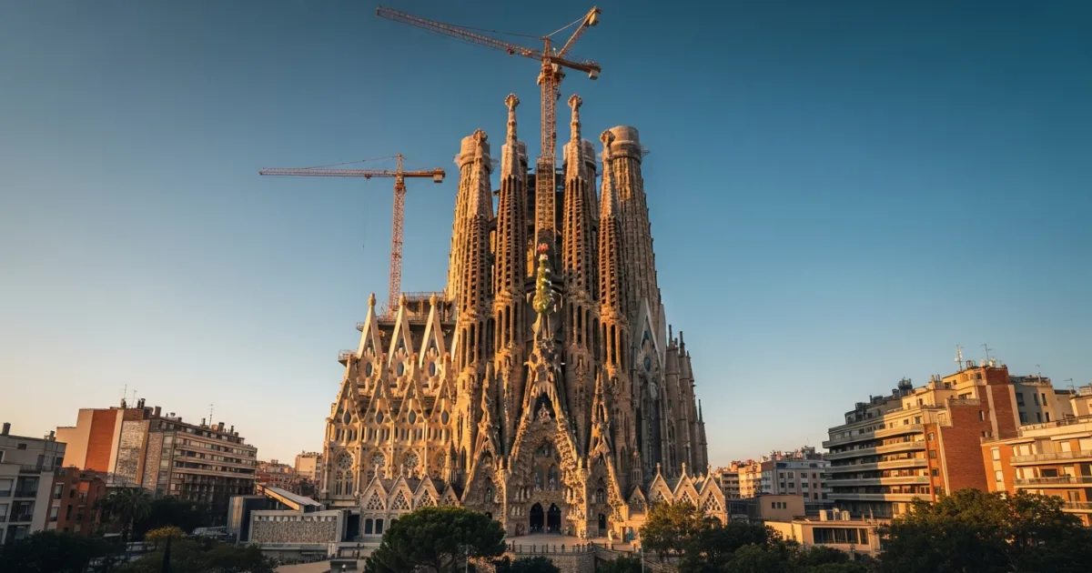 The towering spire of the Tower of Jesus Christ at the Sagrada Família in Barcelona