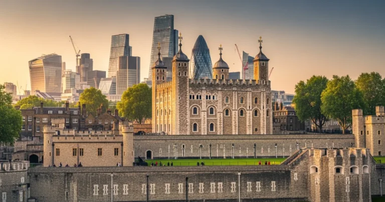 Tower of London 10 The historic Tower of London at golden hour with modern skyscrapers in the background