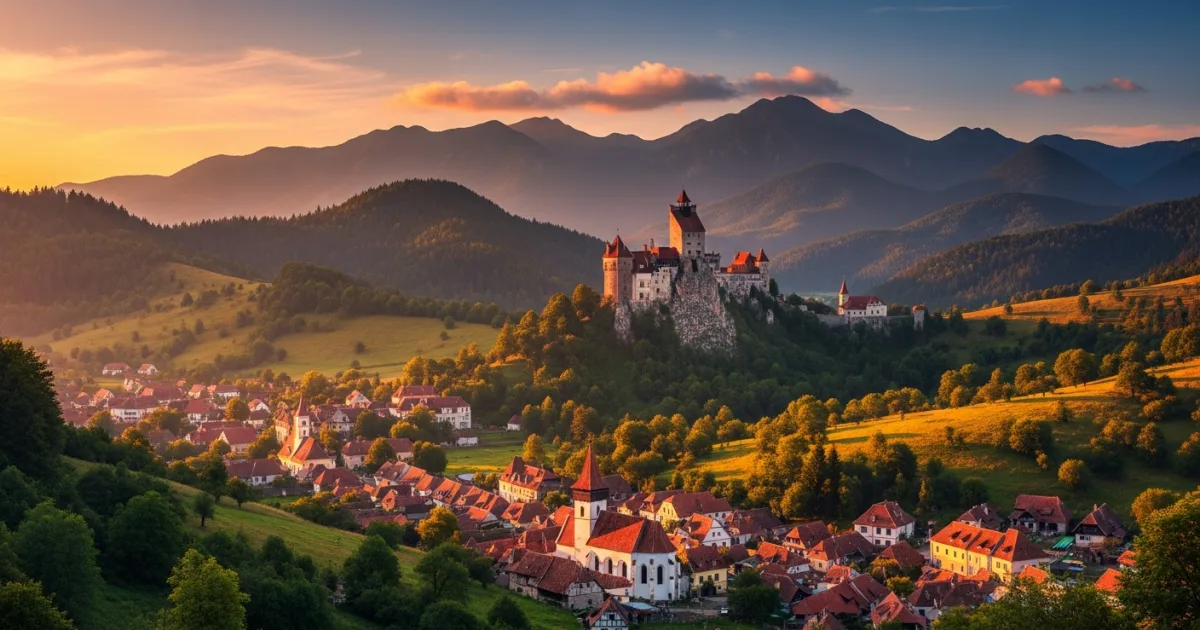 Panoramic view of a medieval Transylvanian landscape with a castle and fortified church at sunset
